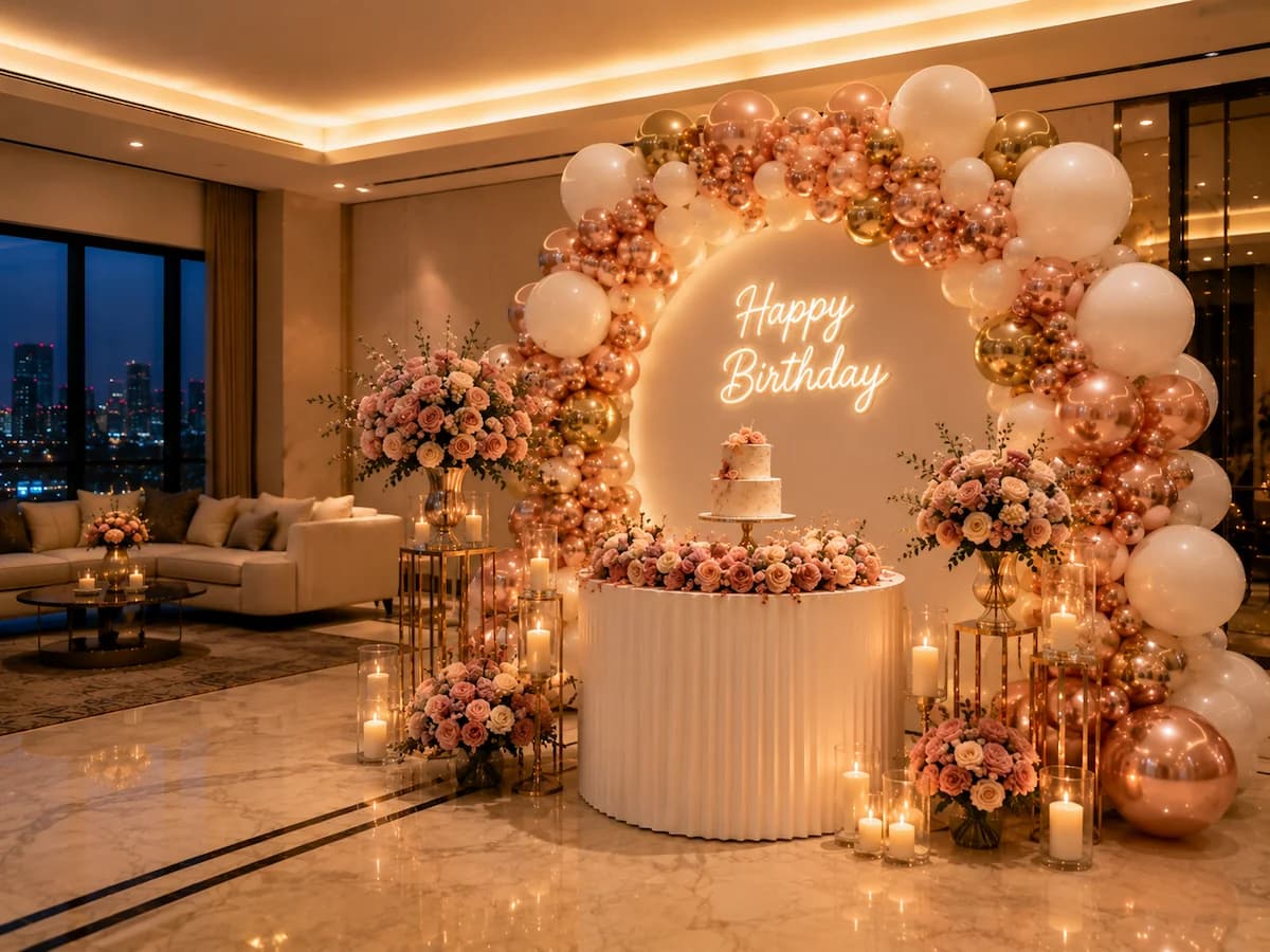 Luxury Rose Gold Birthday Decoration at Home in Delhi