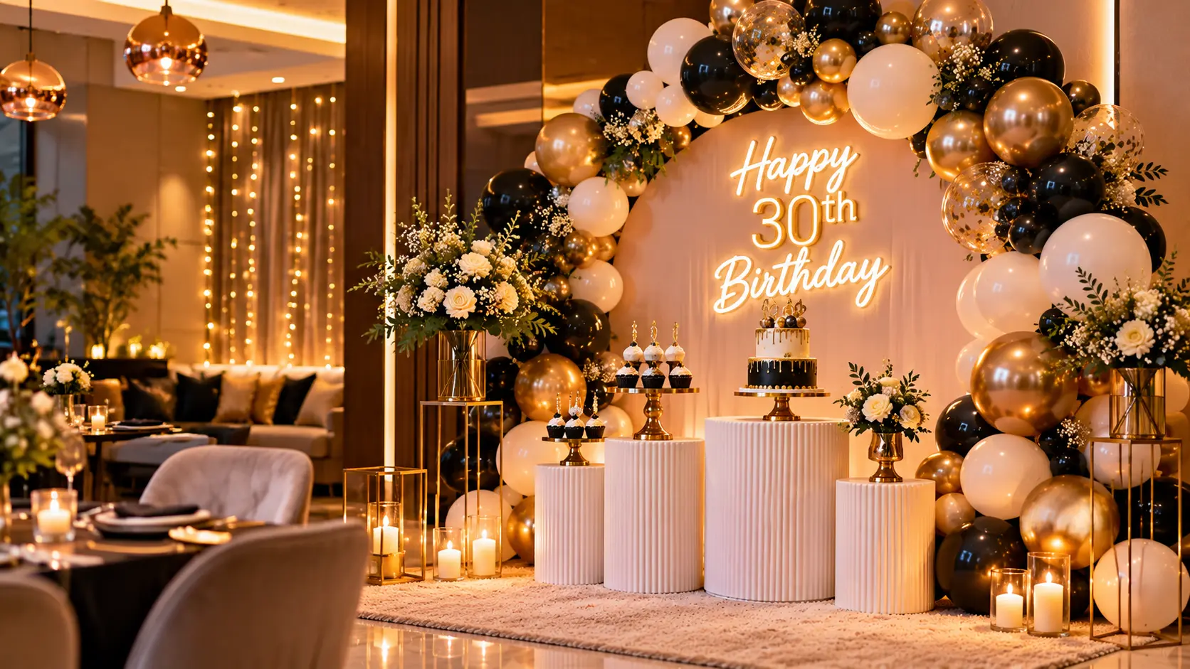 Elegant balloon arch and neon backdrop setup for milestone adult birthday celebration