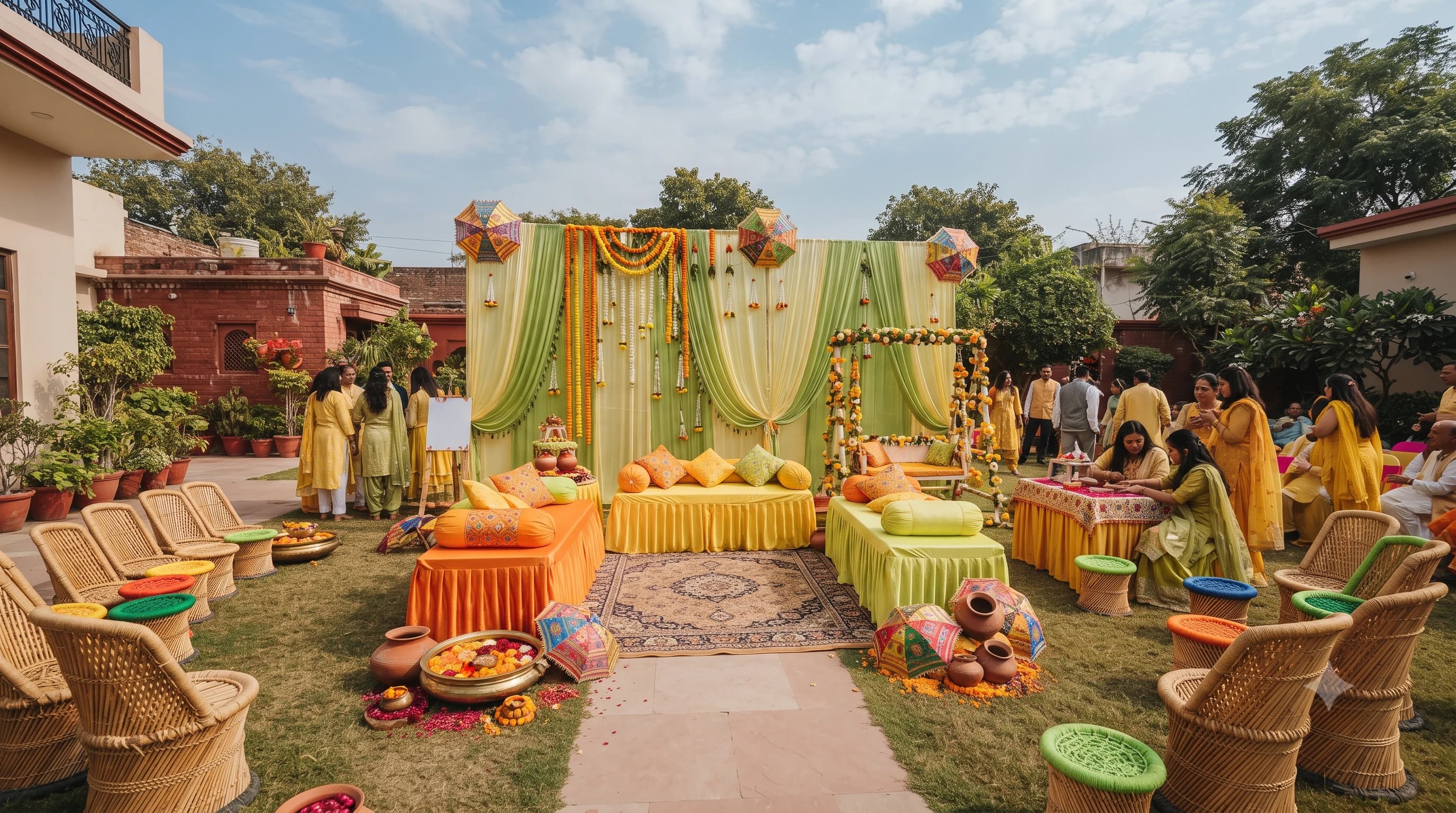 Vibrant Haldi and Mehendi ritual setup with marigold decor in Aligarh