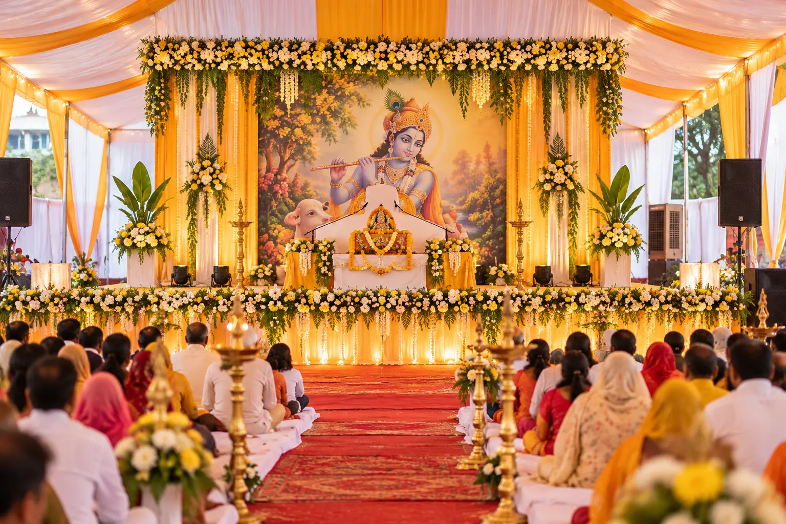 Shrimad Bhagwat Katha gathering setup and devotional pandal in Aligarh