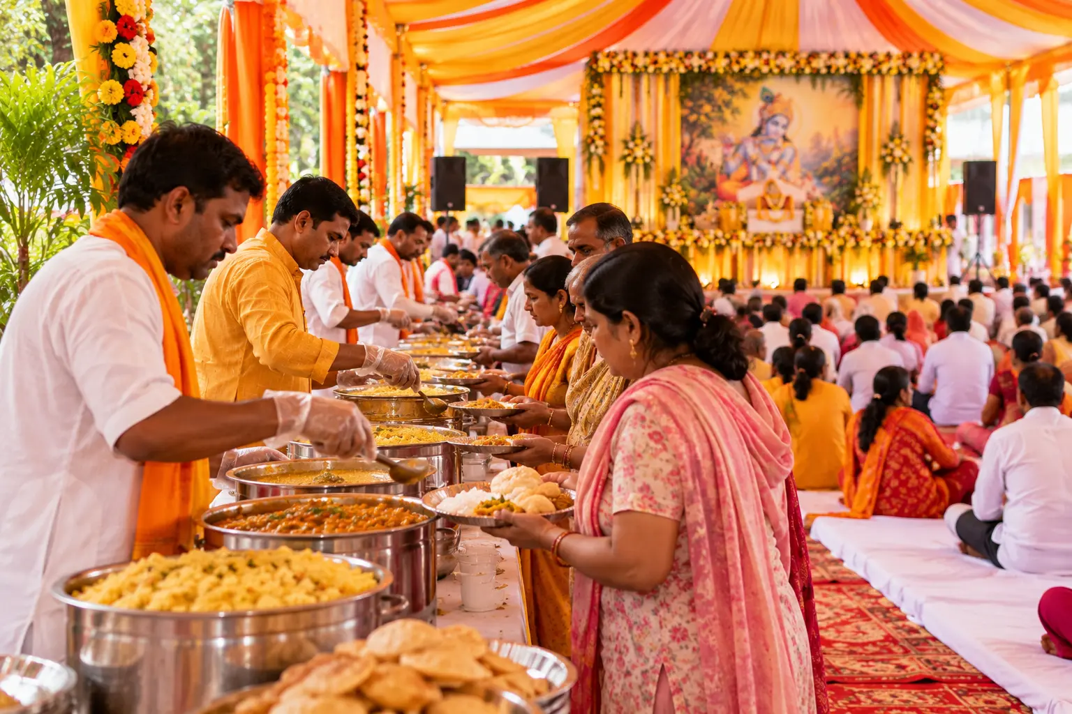 Arranged community dining and Bhandara setup for spiritual event attendees