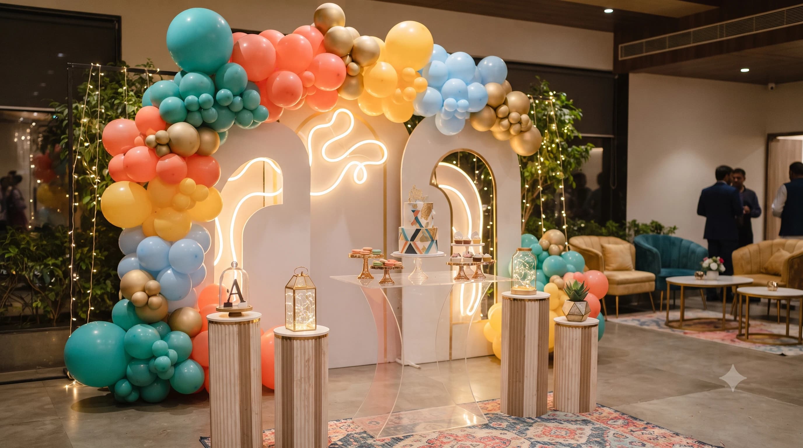 Themed birthday balloon decoration and celebratory backdrop setup in Aligarh