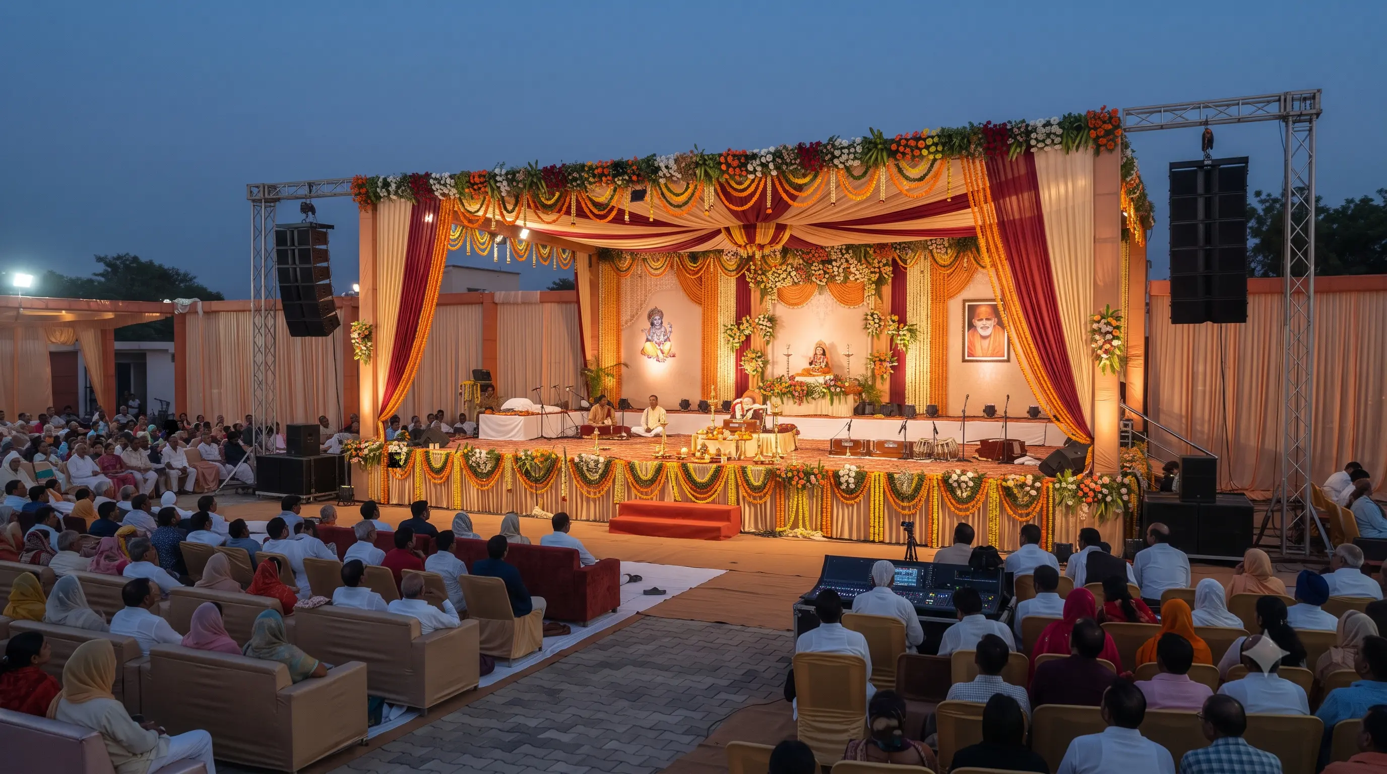 Devotional event stage setup with floral bhawan decor and sacred lighting in Aligarh
