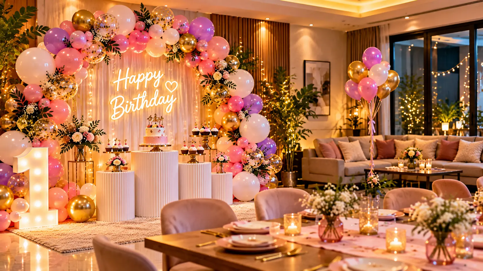 Cozy home balloon decoration setup for living room birthday cake cutting