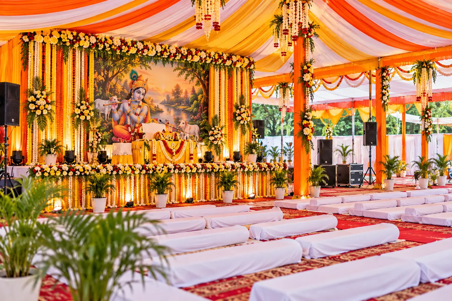 Spacious pandal setup with carpeted seating for devotional Katha gathering