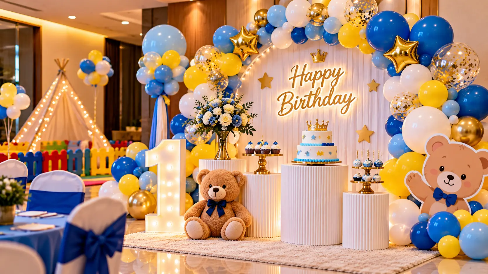 Themed balloon decoration and backdrop styling for kids birthday party
