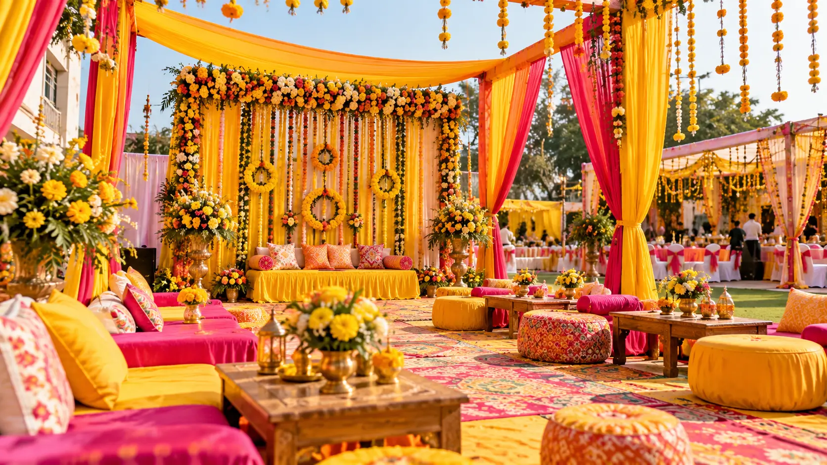 Representative visual of a vibrant yellow marigold Haldi ceremony and pre-wedding celebration setup