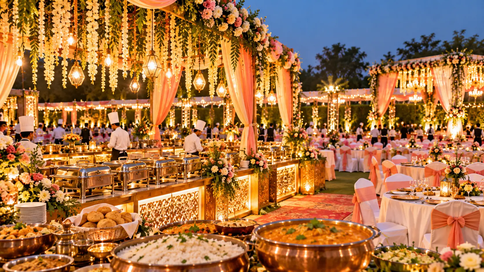 Representative visual of an organized wedding banquet buffet and guest dining hospitality arrangement