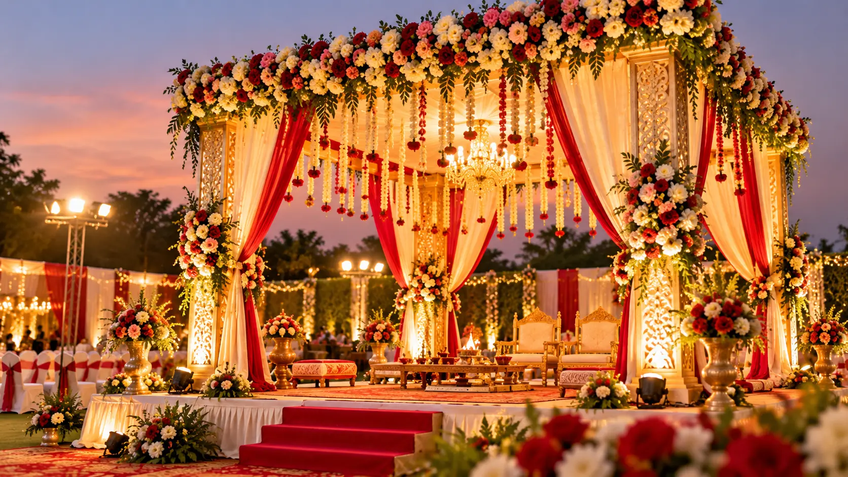 Representative visual of an ornate floral wedding mandap and stage decor with ambient lighting
