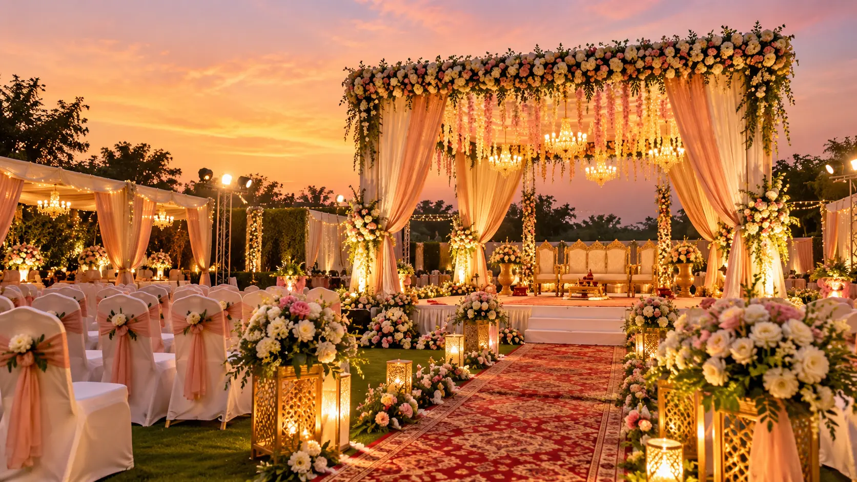 Representative visual of an illuminated outdoor evening wedding mandap setup on a marriage lawn